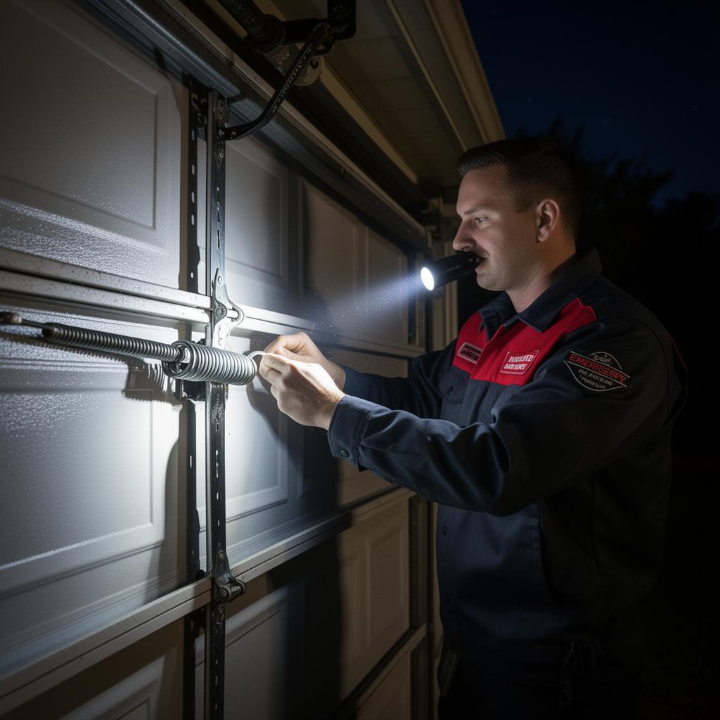 Emergency garage door repair technician fixing broken spring at night