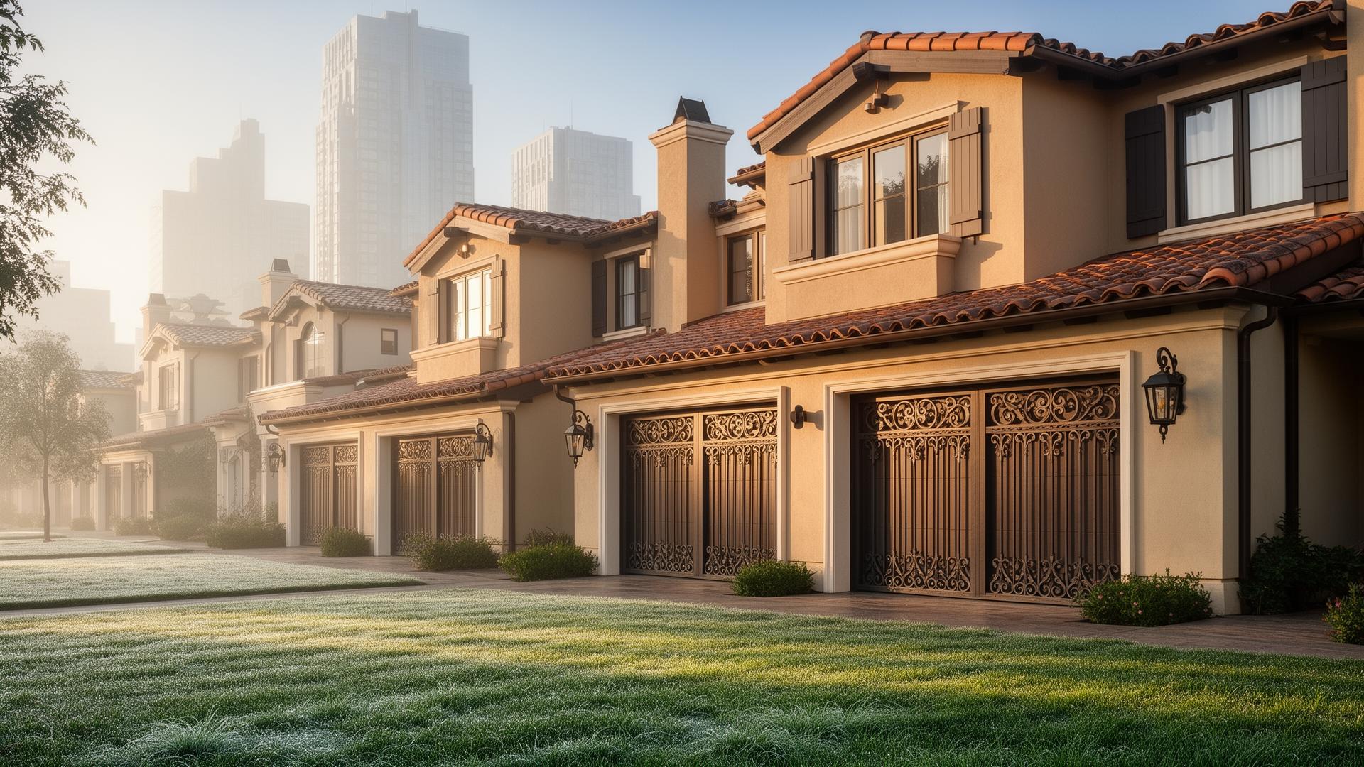 Beautiful Spanish colonial style garage doors with decorative iron grilles on upscale townhouse in North Jackson